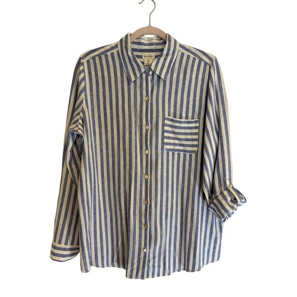 NICOLE MILLER blouse Top Linen Blend Stripe Blue White 3/4 Long Sleeve | LARGE - Picture 2 of 10